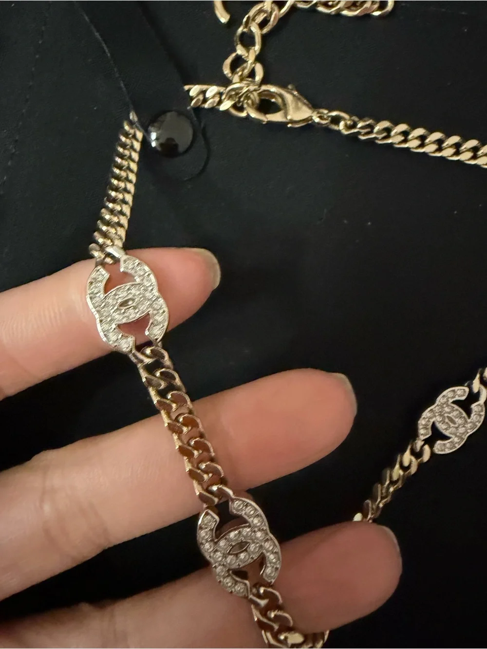 CHANEL Gold-Tone Chain Necklace with Pave Crystal CC Links